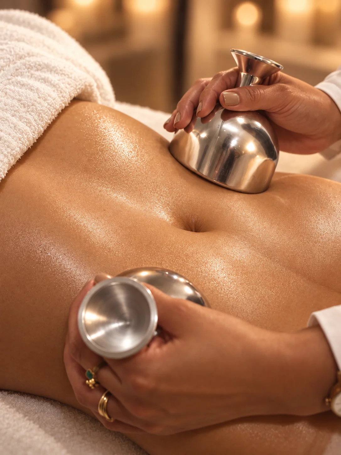 Tratamiento corporal con aplicadores metálicos sobre el abdomen